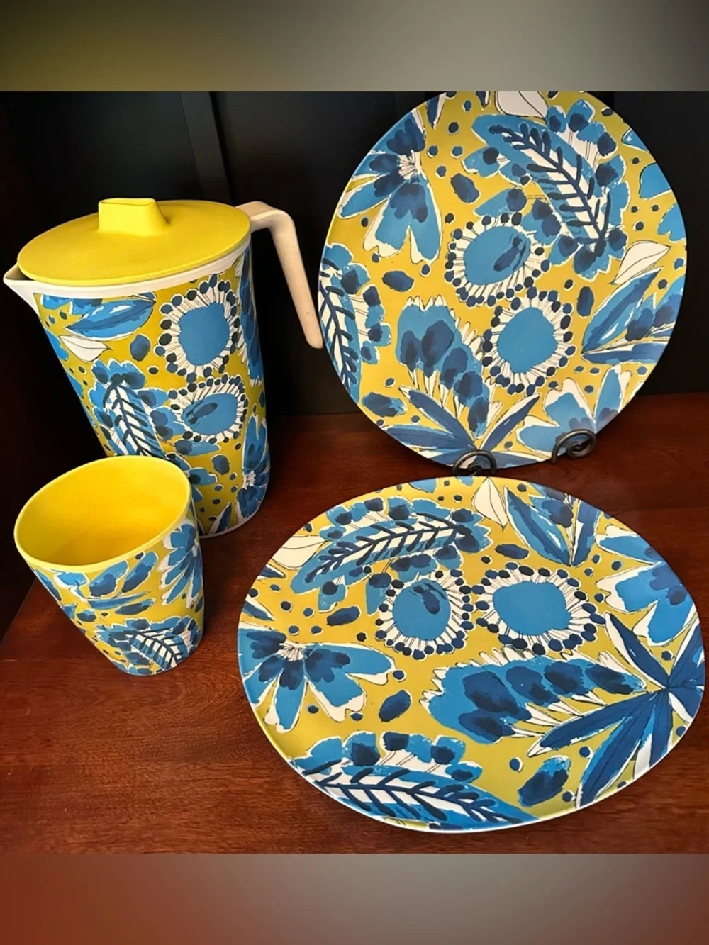 Vera for Anthropologie Periwinkle Bamboo Melamine Pitcher, 2 Plates and Tumbler